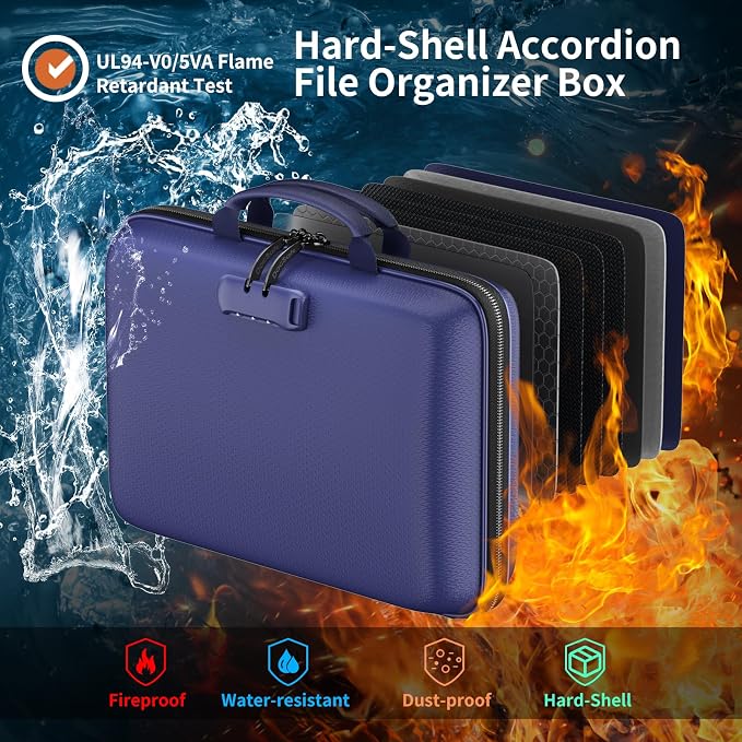 DocSafe Fireproof File Organizer with Lock, Hard-Shell Case Fireproof Document Box with 13 Pocket Accordion File Folder, Portable Home Office Travel Safe Storage for Important Documents Laptop Blue - Image 2
