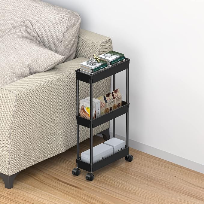 Sooyee 3 Tier Rolling Cart with Wheels, Black | Slim Storage Cart, Narrow Storage Cabinet, Under Desk Storage, For Office Bathroom Kitchen Laundry Room - Image 7
