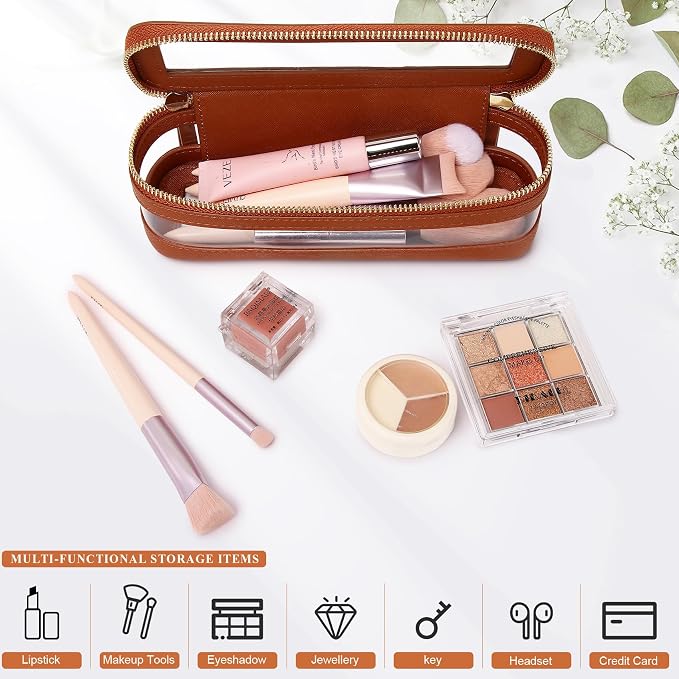 Pinkmik Makeup Brush Case, Brown, Slim | Clear Travel Cosmetic & Toiletry Bag, With Zipper, Small Purse Organizer, Car Essential for Women - Image 5