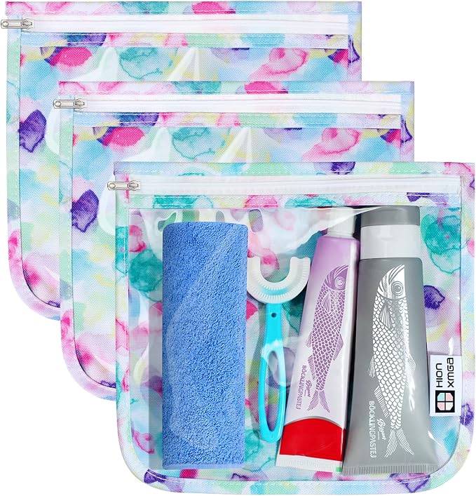 HIONXMGA Set of 3 Diaper Bag Organizing Pouches, Space-Saving, 3 Large Size | Clear Front Toiletry Bags Waterproof Zipper Pouches for Women Kids Toiletries Baby Essentials Well-Organized, Watercolor by HIONXMGA