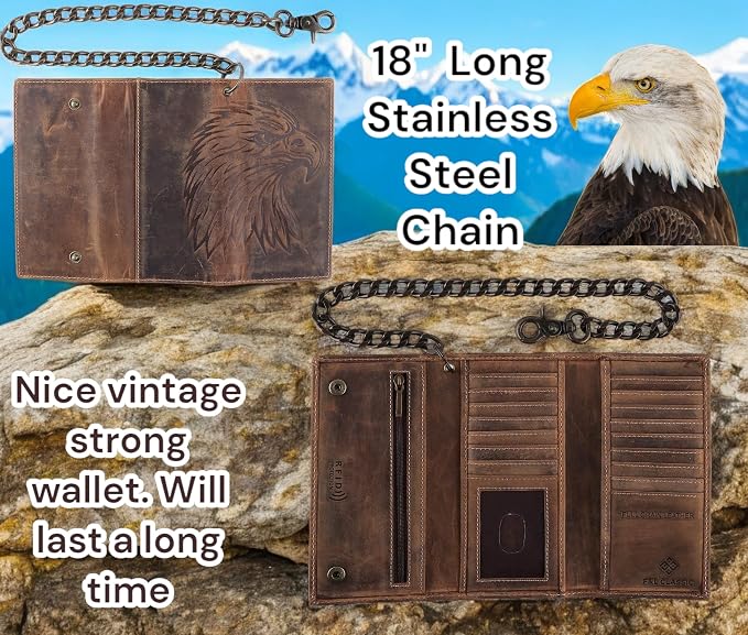 F&L CLASSIC RFID Blocking Mens Tri-fold Long Style Cowhide Leather Steel Chain Wallet,brown eagle head,212-102 - Image 4