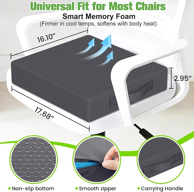 Seat Cushion for Office Chairs, Memory Foam Chair Cushion with Patterned Core for Even Support, Back, Tailbone & Sciatica Relief, Chair Pillow with Carry Handle for Car, Wheelchair(Gray - Image 3