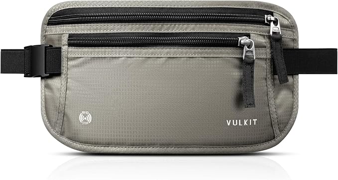 VULKIT Money Belt for Travel, Hidden Passport Holder, Anti-Theft Travel Wallet Under Clothes, RFID Blocking Waist Pouch, Undercover Fanny Pack, Cool Gray by VULKIT