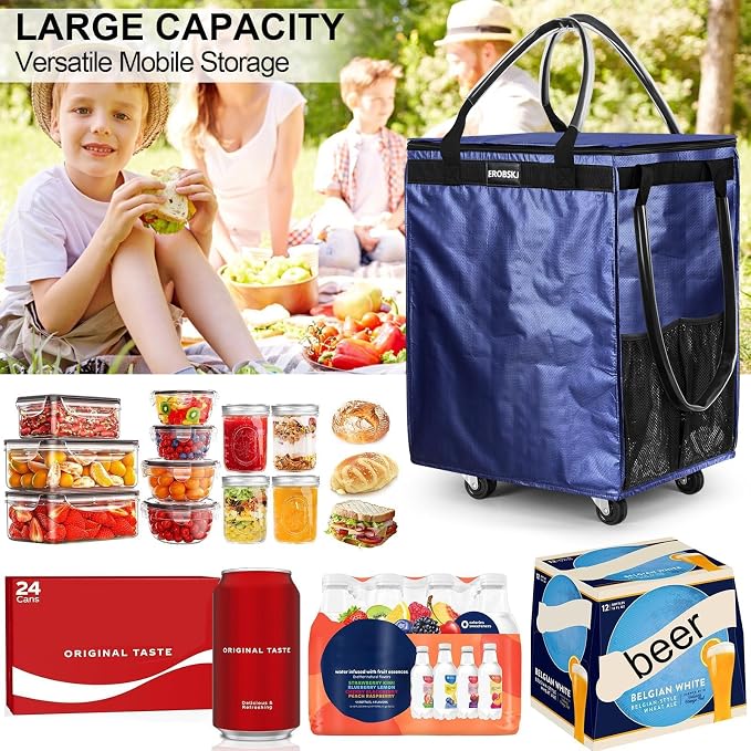 (Medium, Navy) Reusable Grocery Bag on Wheels, 70L Foldable Rolling Tote, Extra Storage for Shopping, Zipper Clouser Shopping Carts for Groceries, Laundry, Organization, Moving,4 Heavy Duty Wheels | Bag on Wheels - Image 4
