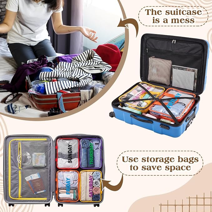 Woanger 14 Pack Packing Cubes for Travel Days of Week Packing Cubes Clear Camping Organizer Storage Bags Handbags for Travel Suitcase - Image 5