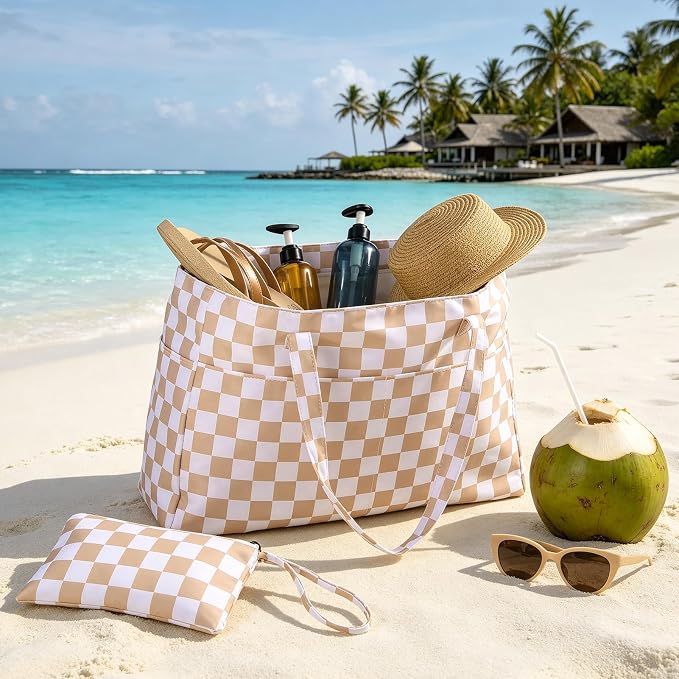 JATEBI Beach Bag with Makeup Pouch for Women | Waterproof Pool Tote Bags with Wet Compartment for Swim Shopping Travel, Zipper, Wet Compartment, 5 Pockets - Image 7