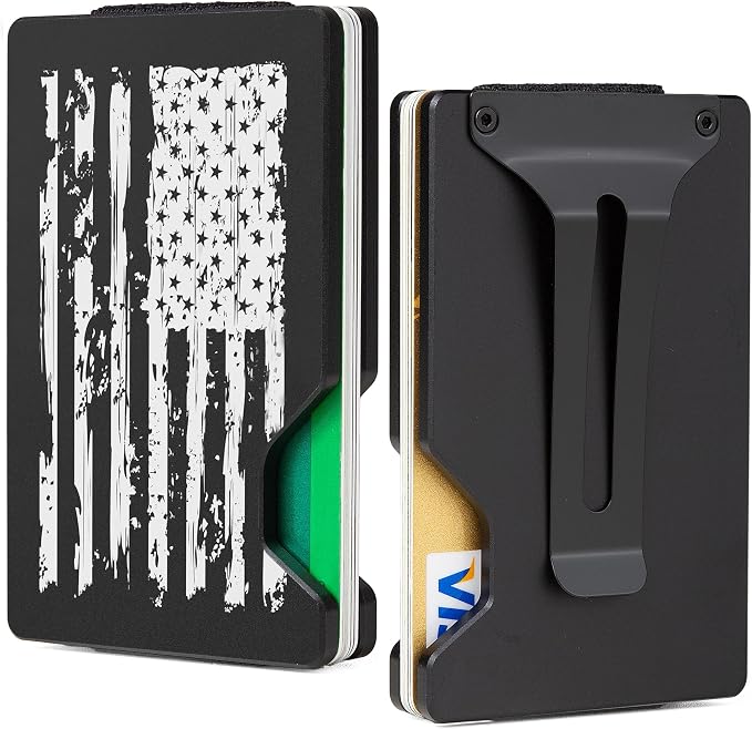Minimalist Wallet for Men, Slim Metal RFID Blocking Wallet Credit Card Holder Money Clip & Cash Strap, Scratch-Resistant Holds 15 Cards,Ideal Gift for Men | Patriot-Black Flag by Unknown