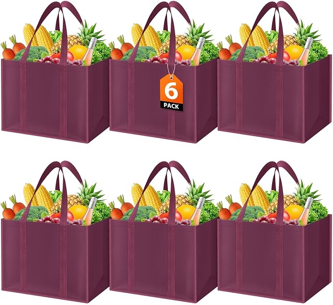 WISELIFE Reusable Grocery Bags, Foldable, Lasting Use, 35L, 6 Pack, Claret | Large Shopping Bags with Reinforced Stitching, Water-Resistant Grocery Totes for Kitchen, Market, Car Trunk, Picnic by WiseLife