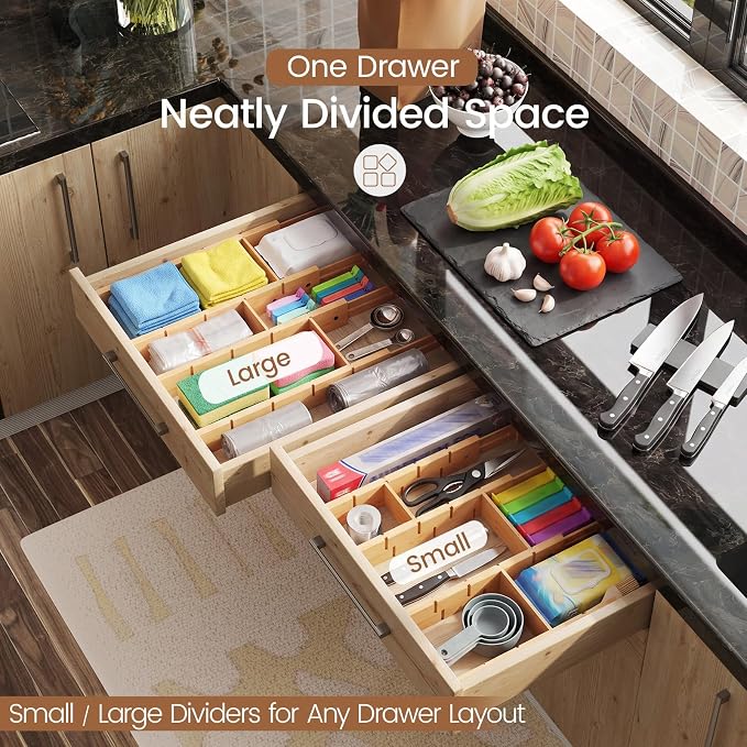 Bamboo Drawer Dividers 6 Pack with Inserts, Kitchen Adjustable Drawer Organizers for Home, Bedroom, Dresser, Expandable Organization 6 Dividers with 12 Inserts - Image 4