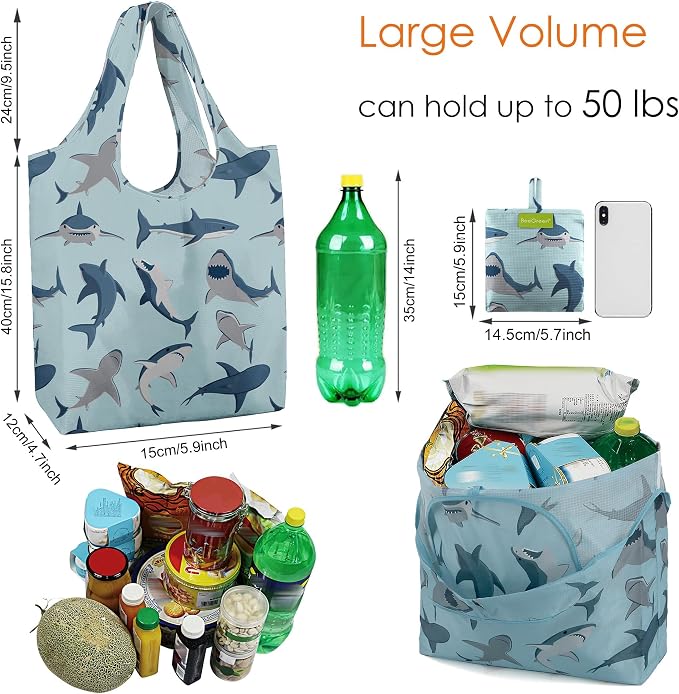 BeeGreen Animal Reusable Shopping Bags Cute Grocery Bag 6 Pack, Christmas Gift Bags Heavy-Duty Foldable Shopping Totes for Supermarket, Work & Travel, Large Washable Polyester Tote Bag with Handles - Image 3