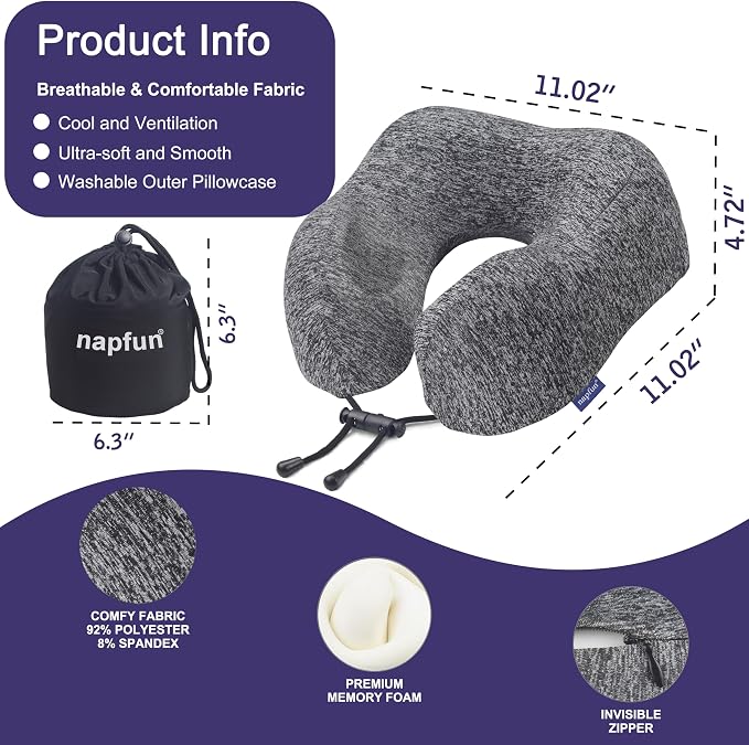 napfun Neck Pillow for Travel, Memory Foam Airplane Pillow, Full Grey | 360° Neck Support, Upgraded 100% Memory Foam for Airplane, Car, Train, Bus, Office Sleep, Travel Essentials for Long Flights - Image 2