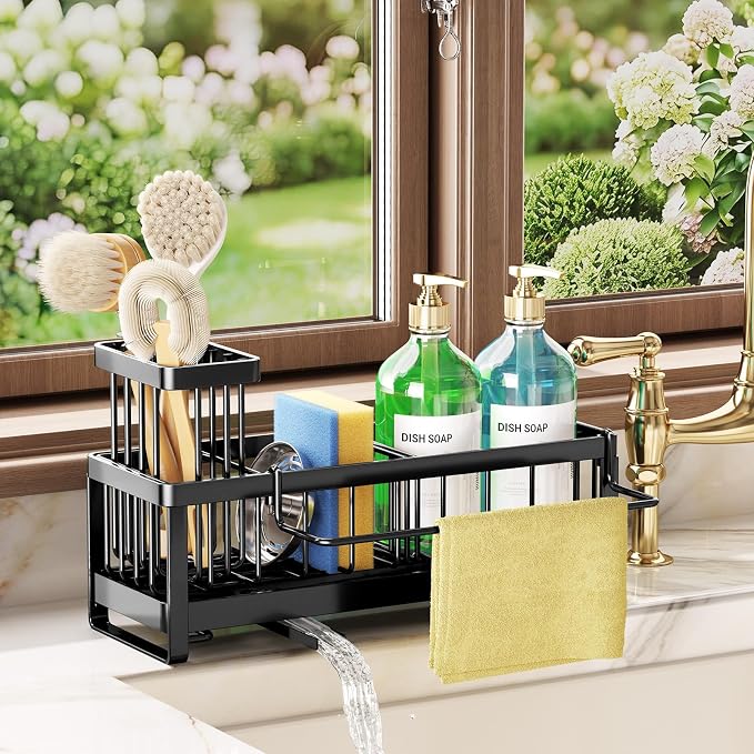 SWTYMIKI Sponge Holder for Kitchen Sink - Sink Caddy with Brush Holder Self-draining Sponge Caddy Organizer with Divider Stainless Steel Kitchen Accessories Storage for Countertop, Black - Large - Image 9