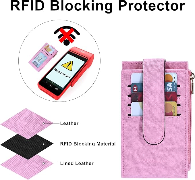 Chelmon Women's RFID Slim Card Holder Wallet | Thin Bifold Multi Card Case with Zipper Coin Pocket Purse for Women(Pink) - Image 6