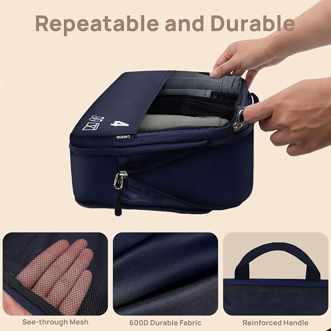7 Set Compression Packing Cubes for Travel, Luggage Organizer Bags for Suitcases with Mesh Panels, Shoe Bag & Toiletry Bag for Carry On, Vacation & Cruise Essentials (Navy Blue) - Image 8