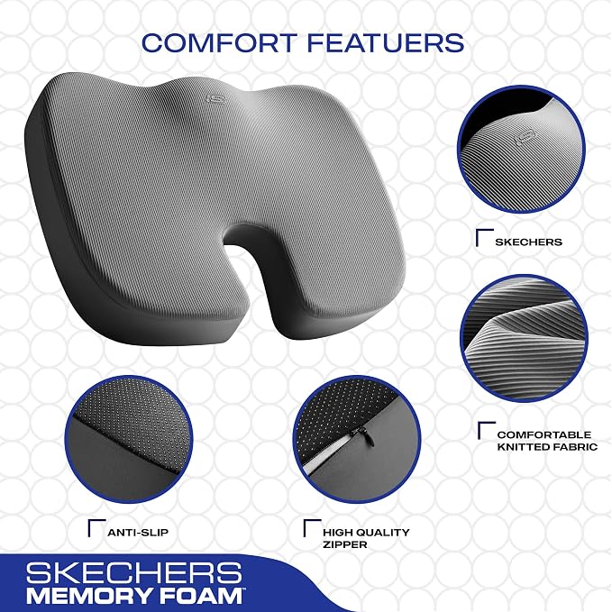 Skechers Memory Foam Seat Cushion,Office Chair Cushion for Tailbone Pain Relief,Butt Pillow for Office Chair,Car seat Cushion,Computer Desk,Long Sitting Office Workers,and Car Drivers,Grey - Image 3