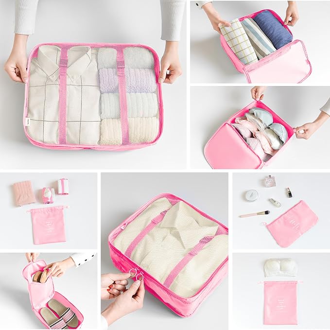 LANSKLBD 6/8 Set Packing Cubes for Suitcases Travel Luggage Packing Organizers,Travel Accessories Essentials Luggage Organizer with Shoe/Tioletry/Laundry Bag (Pink, 8 set) - Image 4