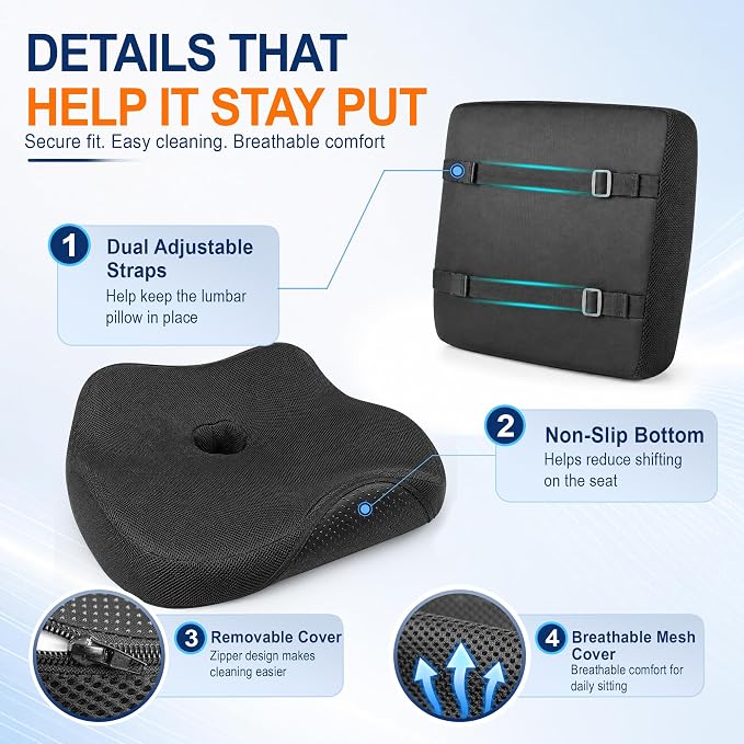 Allaboutsla Car Seat Cushion and Lumbar Back Support Pillow Set for Driving | Memory Foam Car Seat Cushions, Back Support for Car, Car Cushion for Height, Pressure Relief for Trucks, Office Chairs, Black - Image 8