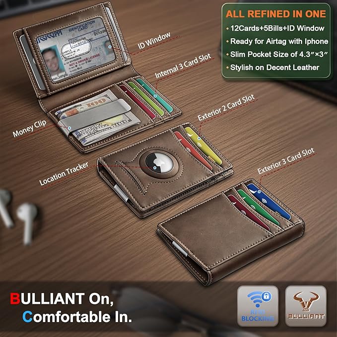 BULLIANT Magnetic Slim Leather Airtag Wallet Money Clip For Men 12Cards | RFID Blocking | Easy Access | Gift Boxed | Pocket Fit - Image 2
