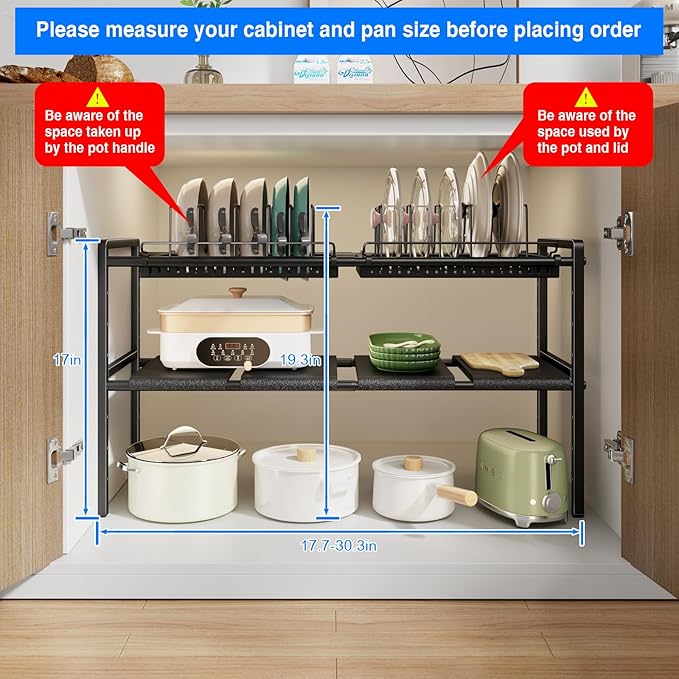 Mustorn Pots and Pans Organizer Under Cabinet, Expandable 2 Tier Under Sink Organizers and Storage Adjustable Height Kitchen Pot and Pan Lid Holder Rack with 12 Dividers Under Cabinet Shelf(Black) - Image 6