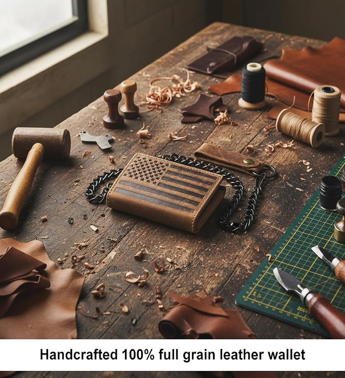 F&L CLASSIC RFID Blocking Men's Tri-fold Vintage Biker Cowhide Leather Steel Chain Wallet,Snap closure, brown,flag,315-100 - Image 4