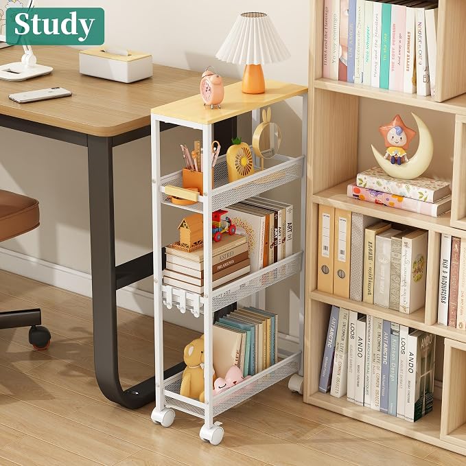 4-Tier Slim Utility Rolling Laundry Cart with Wheels, Easy to Assemble | 7.2" Wide for Narrow Spaces, Wood Top with Metal Frame, Mobile Storage Shelves for Bathroom, Kitchen, Office - Image 7
