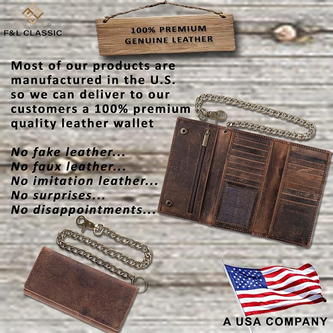 F&L CLASSIC RFID Blocking Mens Tri-fold Long Style Cowhide Leather Steel Chain Wallet,buffalo vintage leather - Image 2