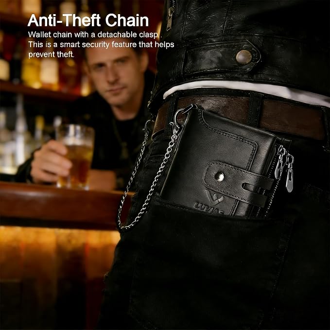 Mens Wallet with Chain Genuine Leather 1 ID Window Purse with RFID Blocking Bifold Double Zipper Coin Pocket - Image 3