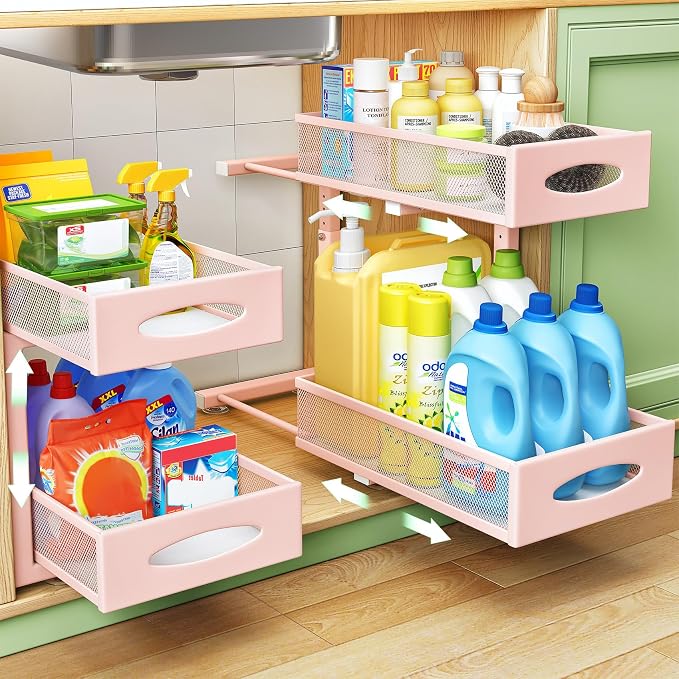 Under Sink Organizer, 2 Tier Pull out Cabinet Organizer Baskets with Mesh Sliding Drawers, Slide out Storage Shelf for Home, Kitchen, Bathroom, Pantry, Office Cabinet(1 Pack, Pink) by Kitstorack