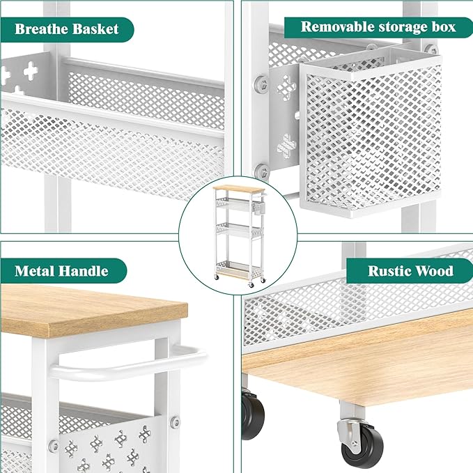 XYZLVSI Slim Rolling Storage Cart, 4 Tier Narrow Shelf for Small Spaces | Skinny rolling cart 14.4" bottom shelf, wire basket, hooks, ideal for kitchen/bathroom/dorm, between washer and dryer storage - Image 5
