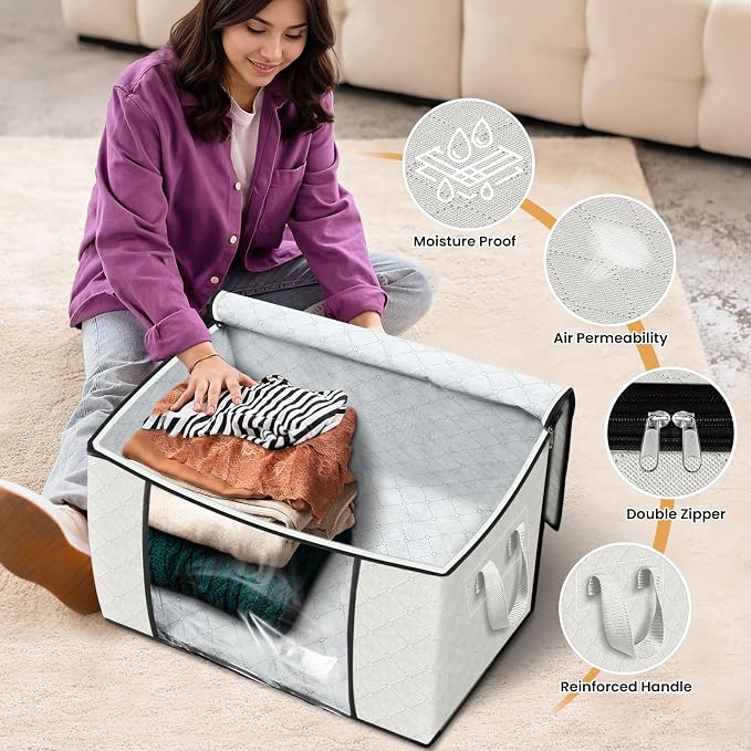 90L Clothes Storage, Foldable Thick Fabric Blanket Storage Bags | Foldable Containers with Zippers,Window and Handles for Organizing Bedroom, Closet, Comforter, Bedding,Dorm essentials - Image 4