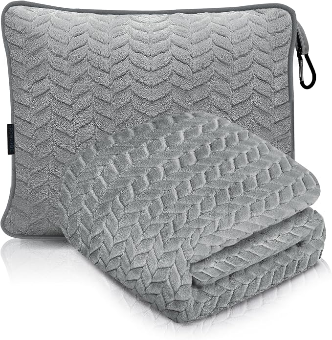 Travel Blanket and Pillow Set, Soft Fleece Airplane Blanket, Grey | Ultra Soft Lightweight Portable Cozy Blanket for Airplane, Car, Camping, Bus, for Men, Women and Kids, 42" x 68" by ProGlobe