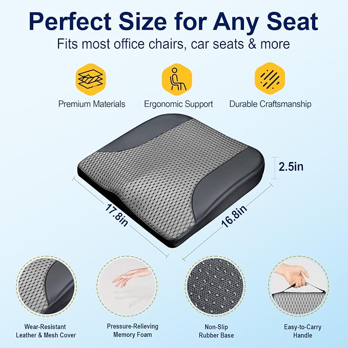 kingphenix Memory Foam Car Seat Cushion for Driving Comfort and Office Use | Coccyx&Lower Back Pressure Relief, Non-Slip 4D Mesh Seat Cushion for Car, Truck, SUV, Long Drives & Office Chair, Black Gray - Image 6