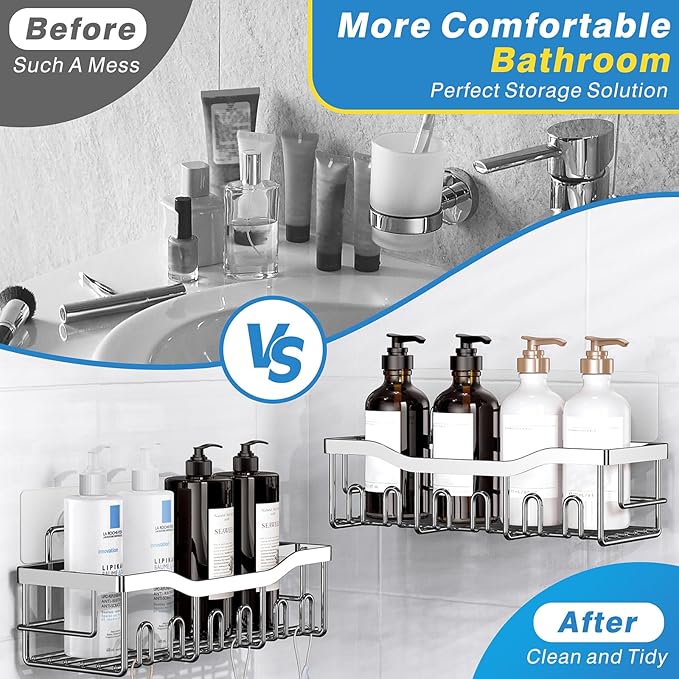 EUDELE 5-Pack Adhesive Shower Caddy Organizer, Large Capacity Rustproof Stainless Steel Shower Shelves, No Drill Bathroom Storage for Shower, Kitchen & Home Decor - Image 3
