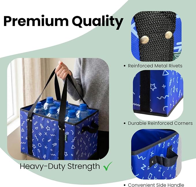 Reusable Grocery Bags (3 Pack) - Heavy Duty Foldable Tote Bags with Long Handles & Hard Bottom - Large Reusable Shopping Bags, Box-Shaped Grocery Totes Hold Up to 65 lbs, Stand Up & Fold Flat - Image 4