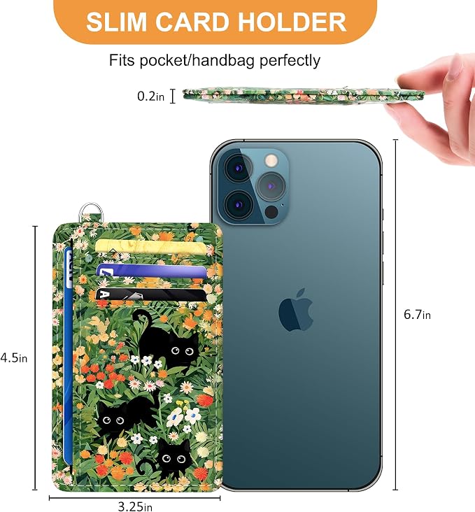 SEAVILIA Small Credit Card Holder for Women, Slim RFID Blocking Wallet | Cute Mini ID Card Case, Thin Minimalist Pocket Wallet, Gift for Girls, Black Cat Floral - Image 6