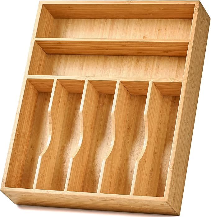 Bamboo Kitchen Drawer Organizer, 13 Inch Silverware Utensil Tray Holder, Extra Deep Grooved Drawer Divider, 7 Slots Total Bamboo Wood Caddy for Flatware Cutlery Knives, Forks, Spoons by Umilife