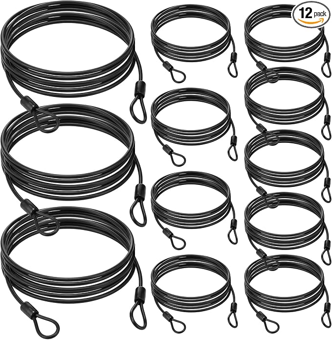 12 Pack Security Cable Luggage Lock with Loops 7 ft 3mm Braided Steel Coated Bike Cable Wire Double Loop Anti Theft Safety for U Lock, Padlock and Disc(Black) by Fiada