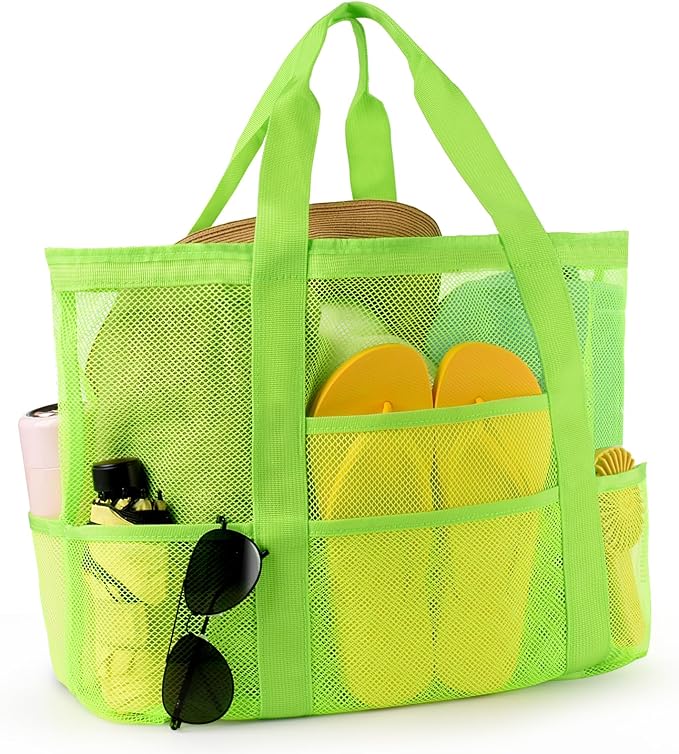 CaCTOUR Mesh Beach Bag,Large Beach Bags for Women with 8 Pockets,Packable Tote Bag for Beach Cruise Pool Vacation Essentials by CaCTOUR