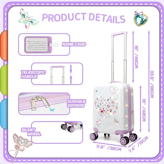 Kids Luggage Sets Suitcase Set with Travel Pillow for Girls 10 Sheets Gem Stickers Small Suitcase with Wheels Hardshell Carry on Luggage for Airplane Travel Essential DIY Styles Purple - Image 4