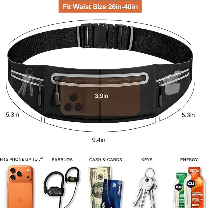 Slim Running Belt for Women Men,Phone Holder Waist Pack,Runners Fanny Pack | No-Bounce,Sweat-Proof Pocket,Travel Money Pouch for Gym/Hiking/Cycling,Three pocket,Two Highly Reflective Strips - Image 3