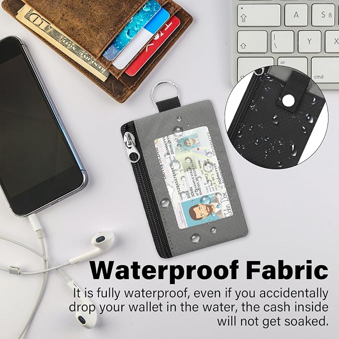Minimalist RFID Blocking Wallet with 2 Zip Pockets and Lanyard, Water Resistant ID Case with Key Ring and Cards Badge Holder, Coin Purse Pouch for Men and Women Travel Sports -BK+GR - Image 5