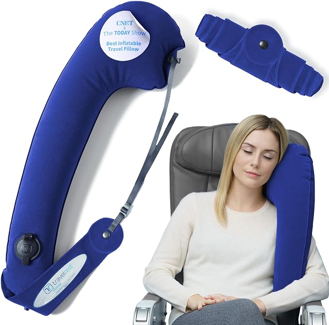 TRAVELREST Ultimate Travel Pillow & Body Pillow - Headrest, Auto, Bus, Train, Office Napping, Camping, Wheelchairs, Comfort and Support, Rolls Up, Straps to Airplane Seat & Car - Blue | Inflatable Travel Essential, Upper Compact Support, Sleeping Acces... by TRAVELREST