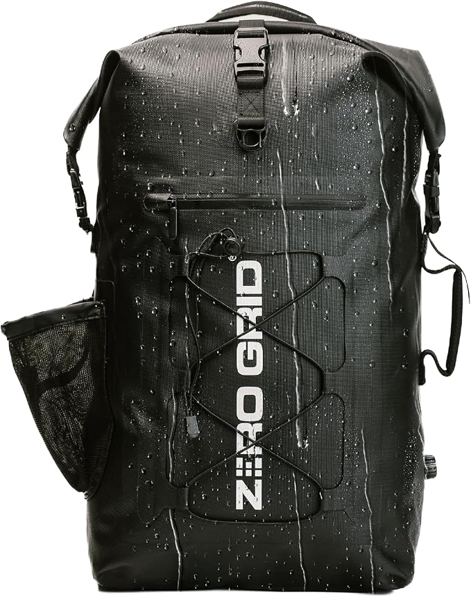 Zero Grid RFID Faraday Backpack, 45L Waterproof Roll Top Dry Bag, Black | Signal blocking lining shields phones, key fobs and cards. A sealed shell with built-in pockets on both straps by ZeroGrid