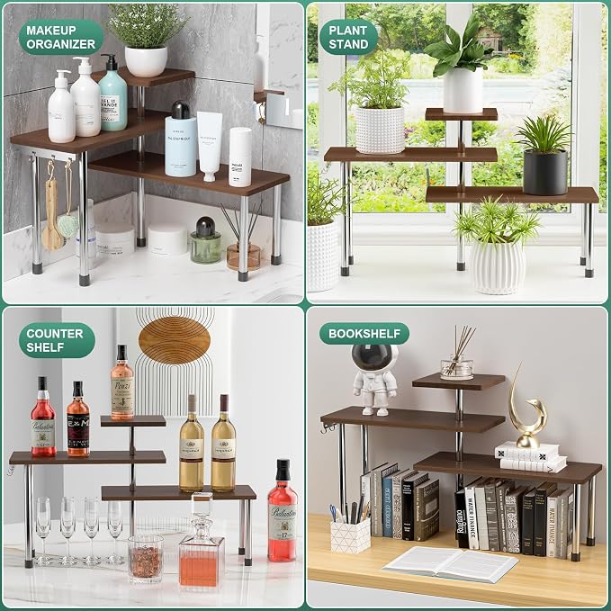 ZHWS Bathroom Counter Organizer for MakeUps, Dresser Table, Kitchen Countertop Organizer Adjustable 3 Tier Corner Shelf with 4 Metal Hooks for Coffee Bar, Spice Rack, Over Sink - Image 7