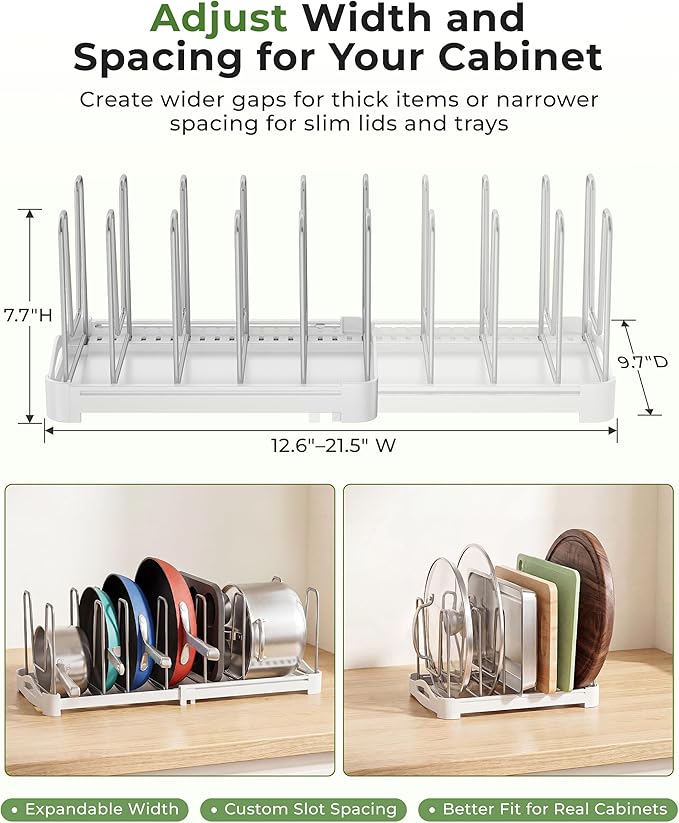EVERIE Adjustable Bakeware Organizer Pot Lid Holder Rack for Pots, Cake Molds, Cutting Boards, Mats, Cookware, GS02SS, Pack of 2 - Image 7