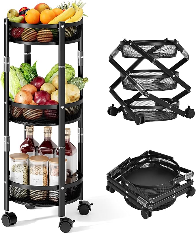 TOOLF 3 Tier Foldable Rolling Cart, Metal Utility Storage Cart, Black | Assembly-Free, Lockable Wheels, Round Trolley Organizer for Bathroom, Kitchen, Office, Dorm, Laundry, Craft Room by TOOLF