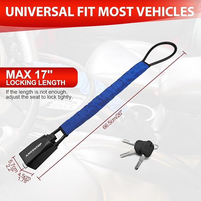 KAYCENTOP Car Steering Wheel Lock to Seat Belt Lock, Anti-Theft Device, Max 17 Inch Length, Small and Light-Weight, Multi-Functional, Fit Most Vehicle, SUV, Golf Cart Security (Blue) - Image 2