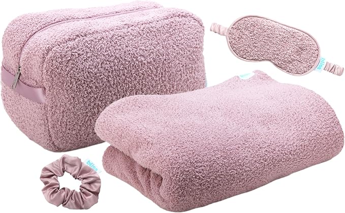 Bliss Womens Travel Blanket Set 4 Piece Microfiber, Sleep Mask & Case | Packable Kit Includes a Satin Hair Tie, Soft Throw Doubles As a Pillow in Its Carry Pouch, Great for Flights or Road Trips by Bliss