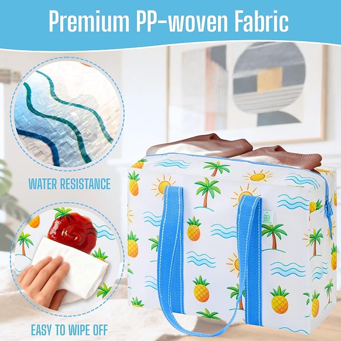 VENO 2 Pack Utility Tote Reusable Grocery Bags with Zipper & Hard Bottom | Heavy Duty Foldable Water-Resistant Shopping Bags for Summer Beach, Pool, Picnic & Travel Carry-on (Tropical Island, 2 Pack) - Image 7