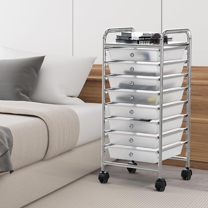 Simple Houseware 8 Drawers Rolling Utility Cart Art Craft Storage, Chrome | 1-Column, 30.25" Height, Lockable Wheels, for School, Office, Art Craft, and Paper Storage - Image 6